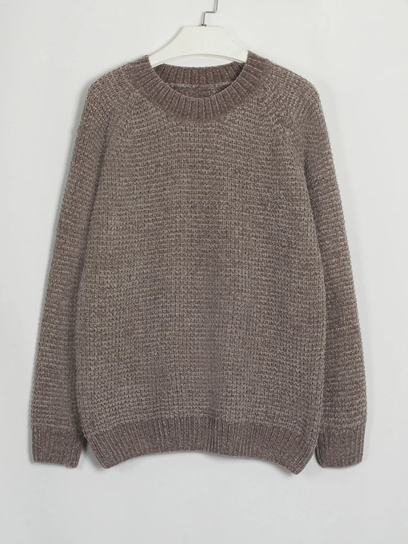 Pull épais tricoté côtelé à manches longues pour femme - Col