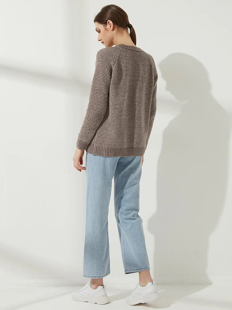 Pull épais tricoté côtelé à manches longues pour femme - Col