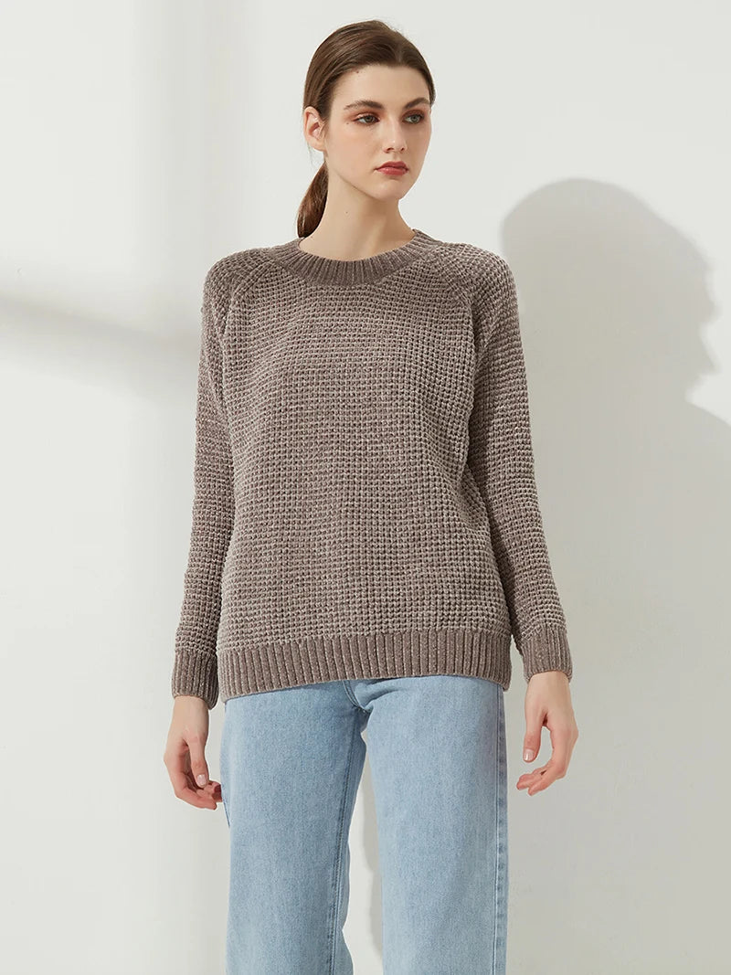Pull épais tricoté côtelé à manches longues pour femme - Col