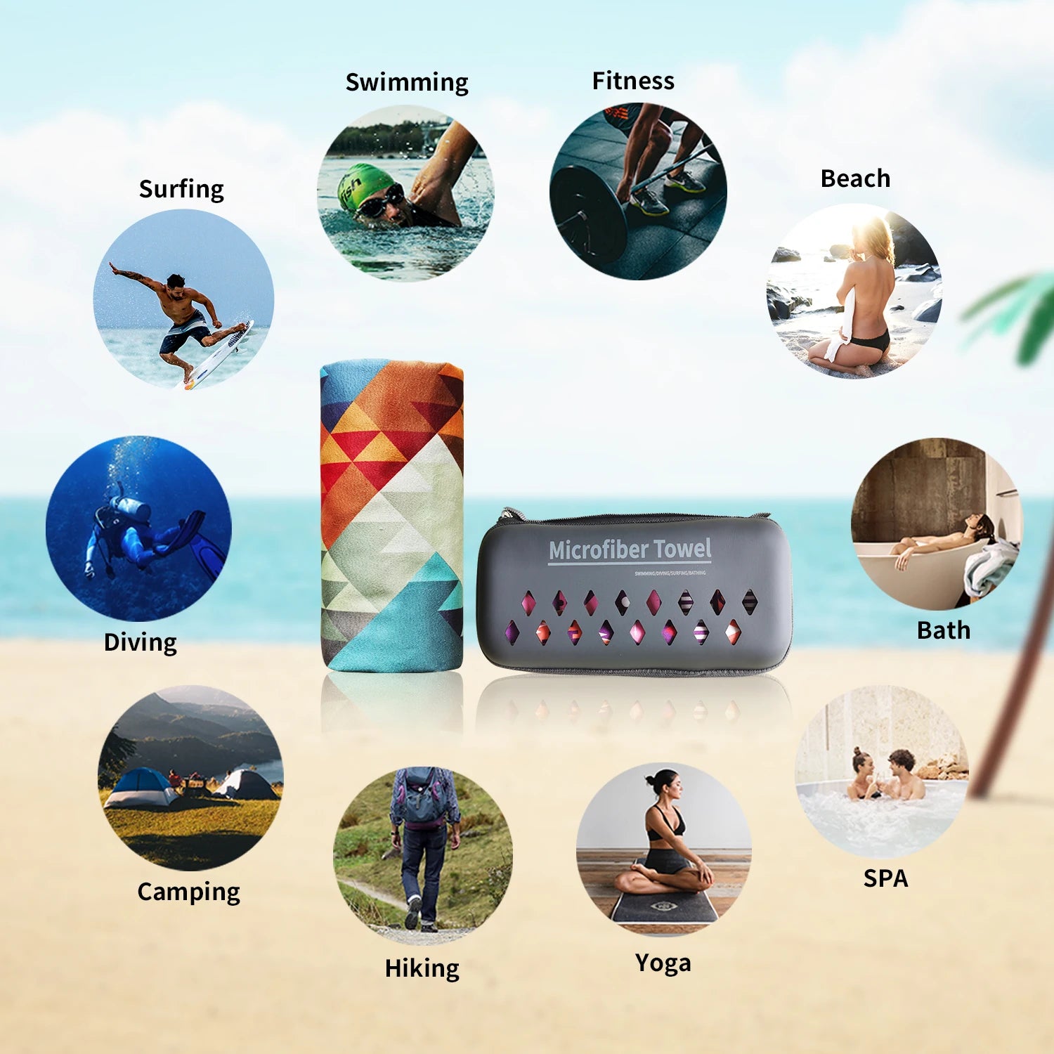 Serviettes de plage en microfibre - Ultra légères et séchage rapide + Boite de rangement