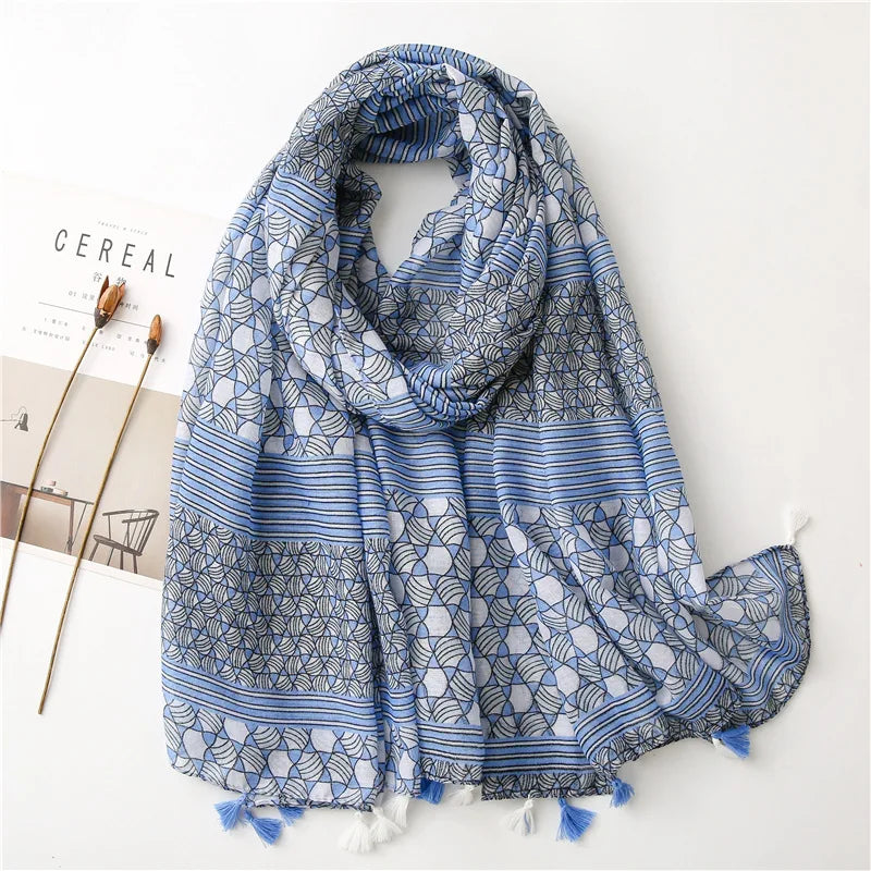 Foulard Printanier en Viscose à imprimé et pompoms
