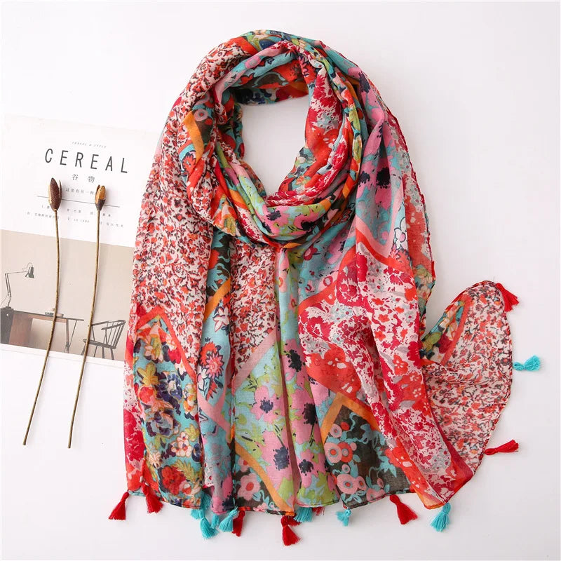 Foulard Printanier en Viscose à imprimé et pompoms