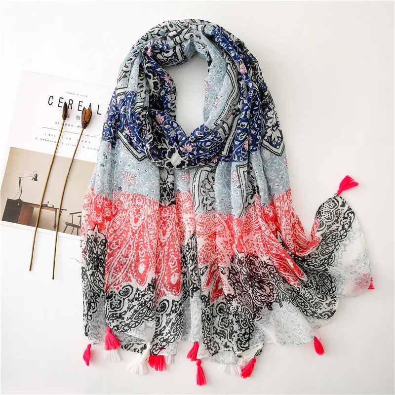 Foulard Printanier en Viscose à imprimé et pompoms