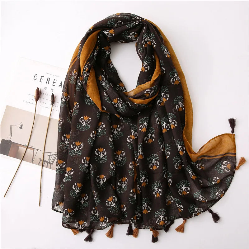 Foulard Printanier en Viscose à imprimé et pompoms