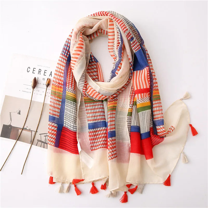 Foulard Printanier en Viscose à imprimé et pompoms