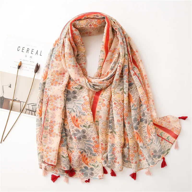 Foulard Printanier en Viscose à imprimé et pompoms