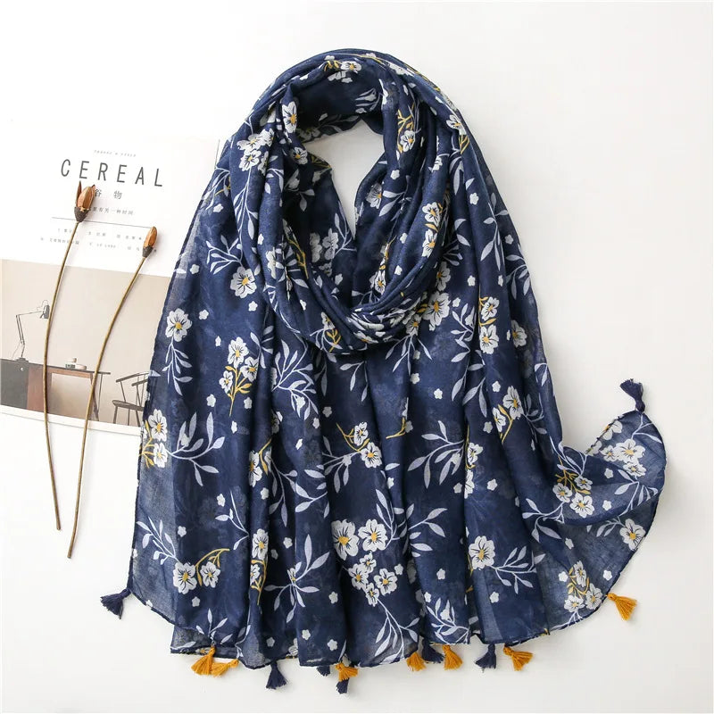 Foulard Printanier en Viscose à imprimé et pompoms