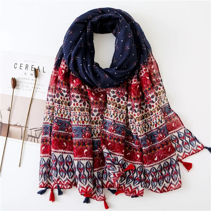 Foulard Printanier en Viscose à imprimé et pompoms