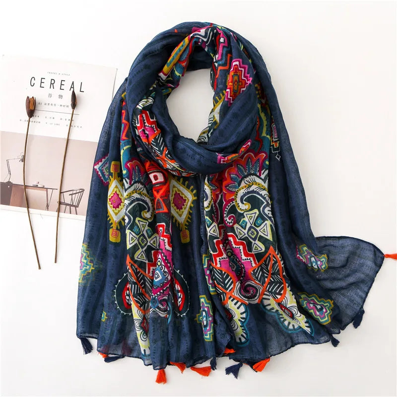 Foulard Printanier en Viscose à imprimé et pompoms