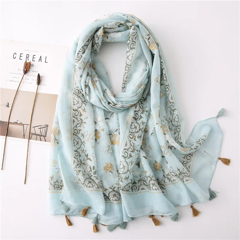 Foulard Printanier en Viscose à imprimé et pompoms