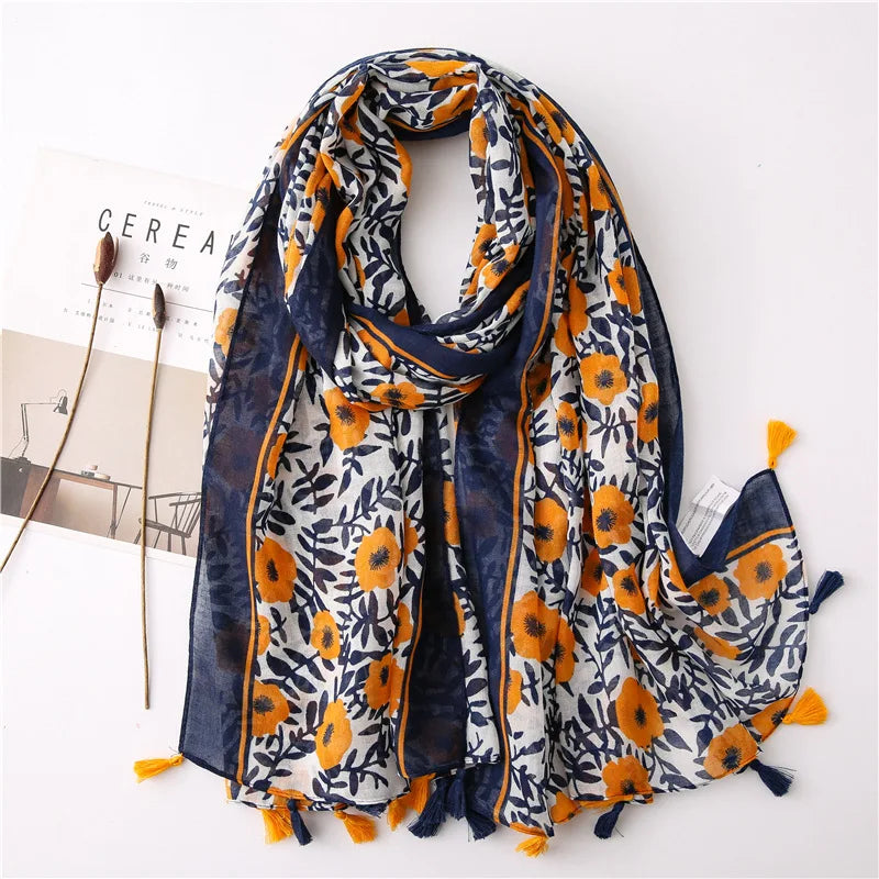 Foulard Printanier en Viscose à imprimé et pompoms
