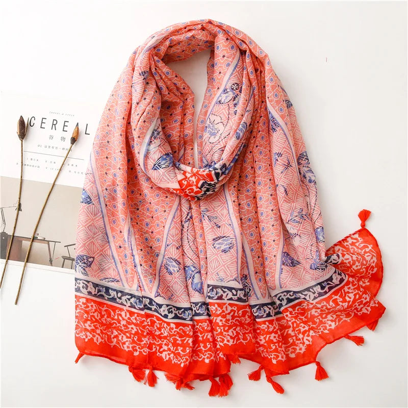 Foulard Printanier en Viscose à imprimé et pompoms