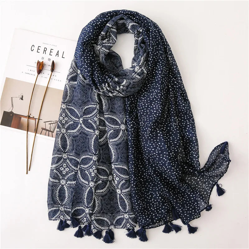 Foulard Printanier en Viscose à imprimé et pompoms