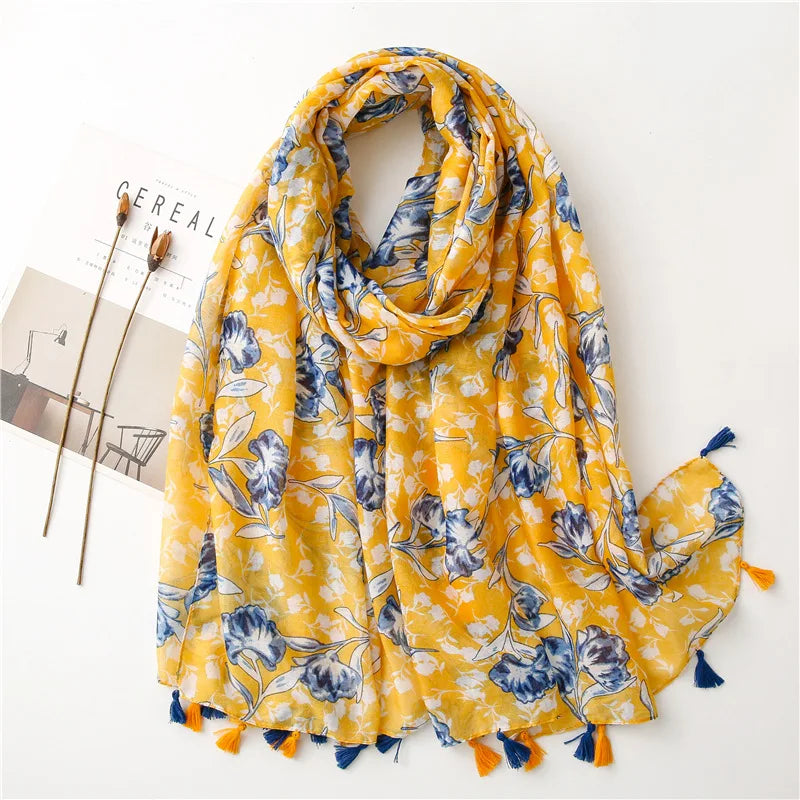 Foulard Printanier en Viscose à imprimé et pompoms