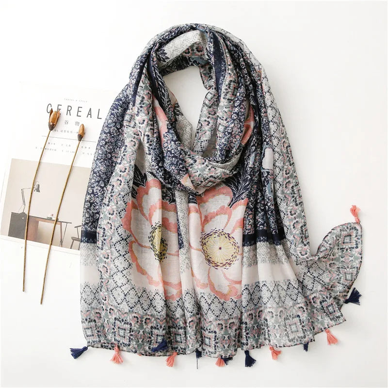 Foulard Printanier en Viscose à imprimé et pompoms