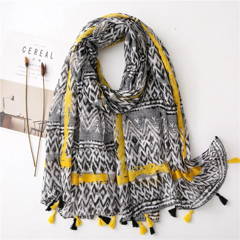 Foulard Printanier en Viscose à imprimé et pompoms