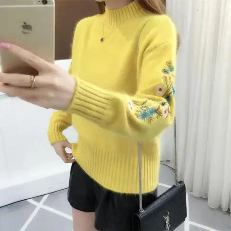 Pull en Tricot Chaud Manches avec Broderie Florale