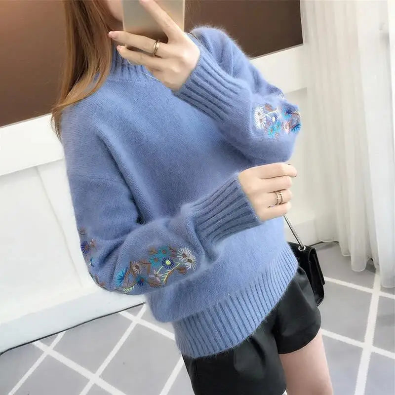 Pull en Tricot Chaud Manches avec Broderie Florale