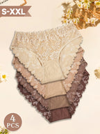 Lot de 4 Culottes Dentelle en Coton Doux, Confortable & Extensible – Tons Nude & Marron