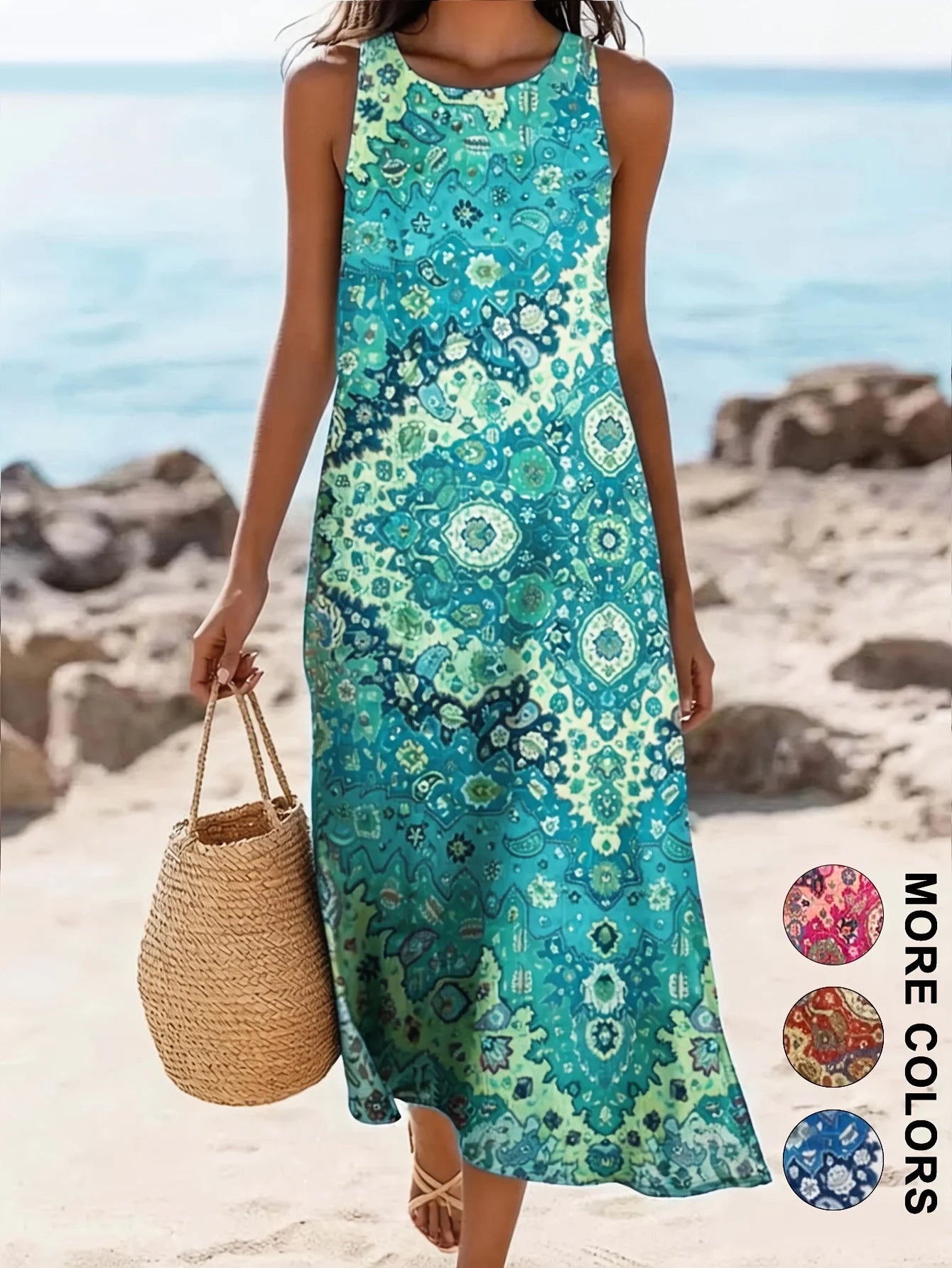 Robe Midi Bohème Fleurie Femme – Sans Manches, Coupe Ample et Fluide avec Poches