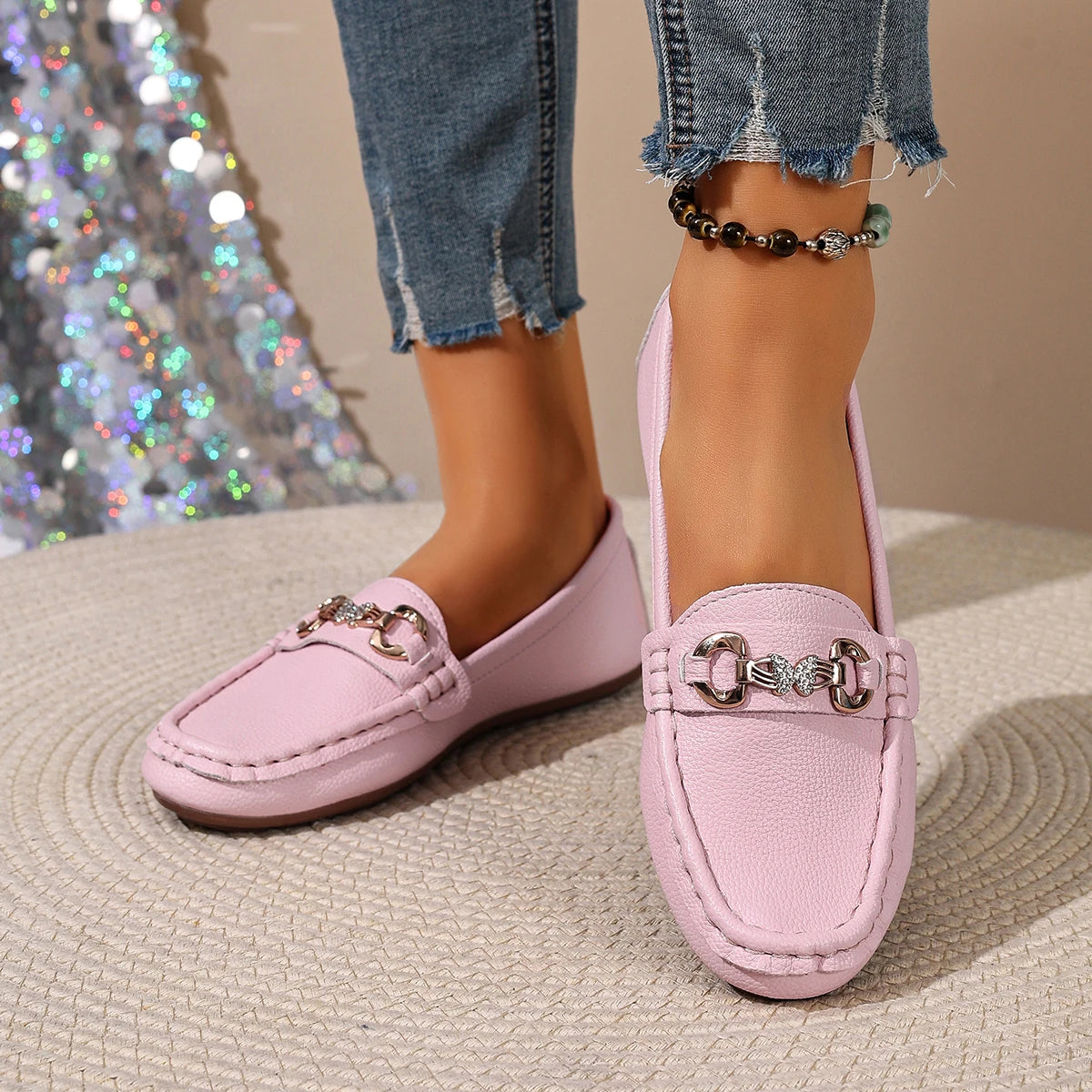 Mocassins Femme en Cuir PU à Bout Rond – Détails Papillon et Semelle Antidérapante