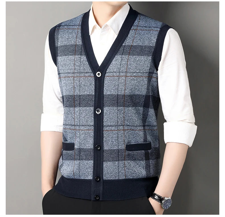 Cardigan tricot sans manches à carreaux