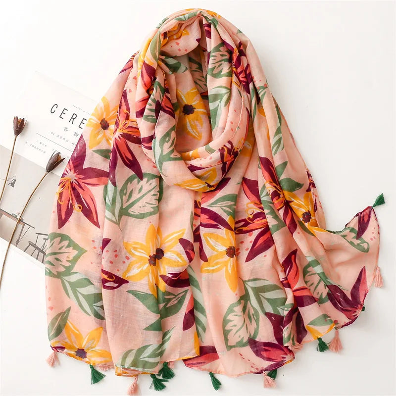 Foulard Printanier en Viscose à imprimé et pompoms