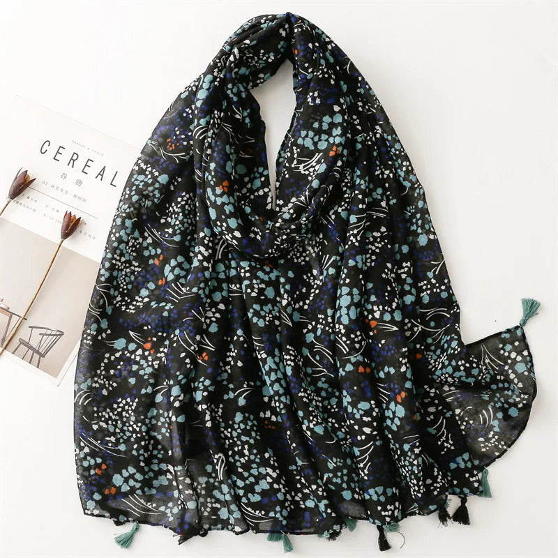 Foulard Printanier en Viscose à imprimé et pompoms