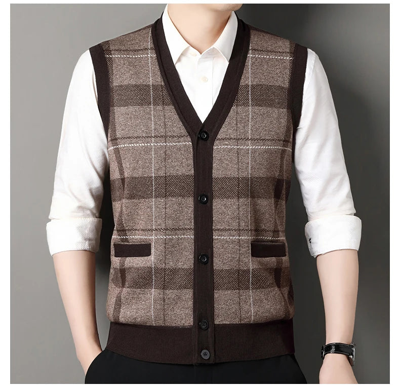 Cardigan tricot sans manches à carreaux