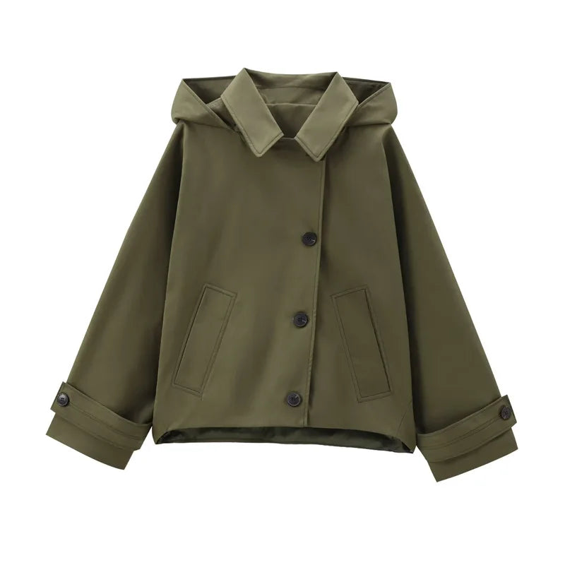 Trench Court à Capuche & Col Chemise Vert Kaki