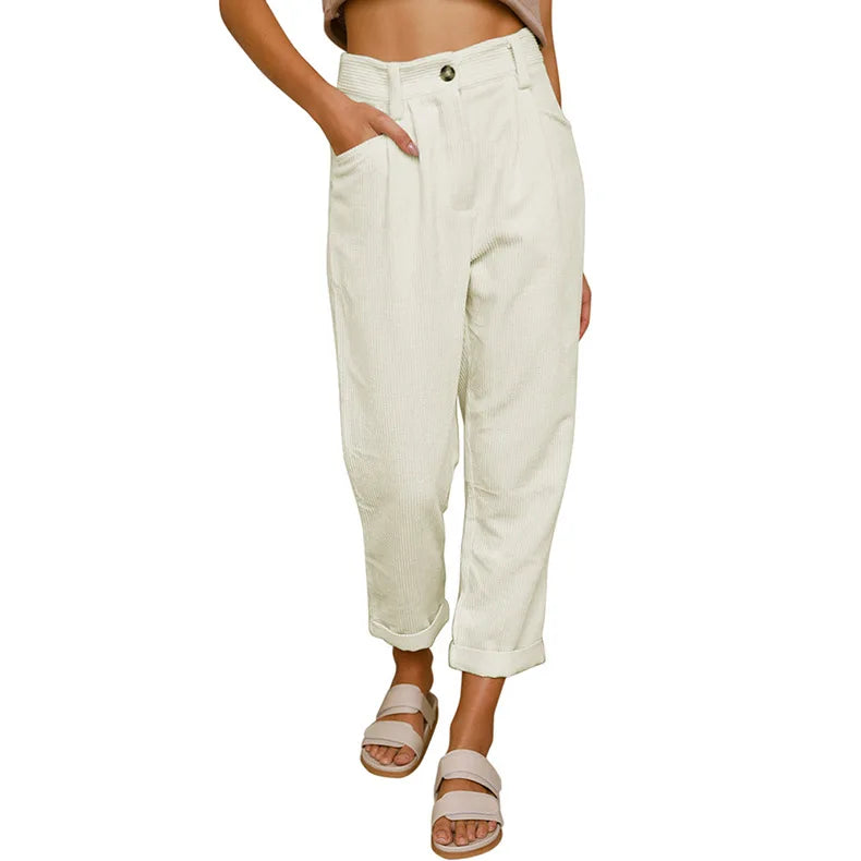 Pantalon en Velours Côtelé Taille Haute 7/8 Retroussé - Femme