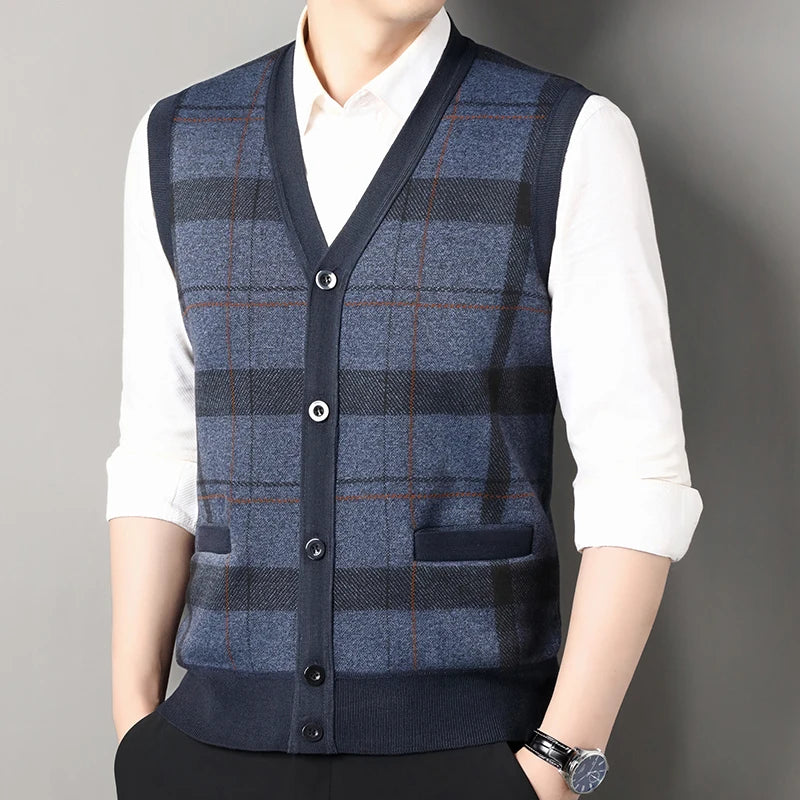 Cardigan tricot sans manches à carreaux