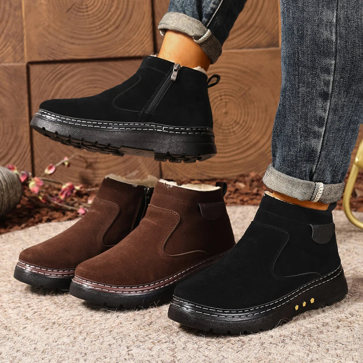 Bottes en Daim Antidérapantes avec Doublure en Fausse Fourrure - Homme
