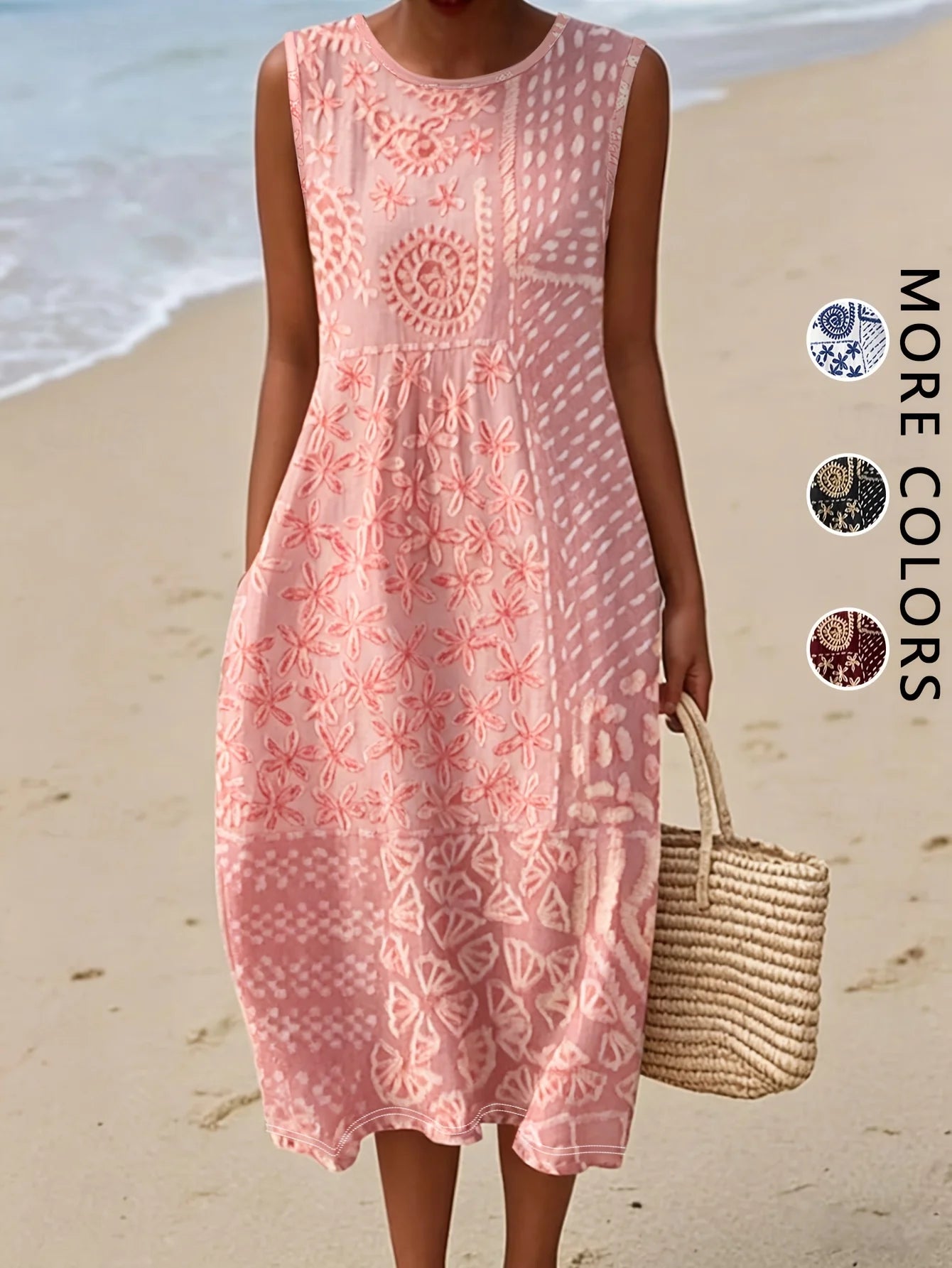 Robe Midi Bohème Fleurie Femme – Sans Manches, Coupe Ample et Fluide avec Poches