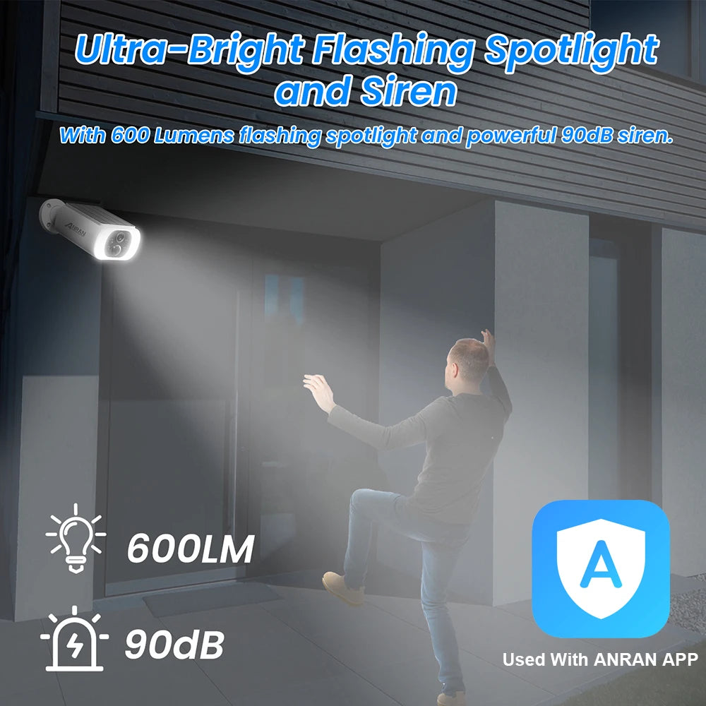 Caméra Solaire 2K ANRAN avec Batterie Intégrée — Vision Nocturne & Détection PIR