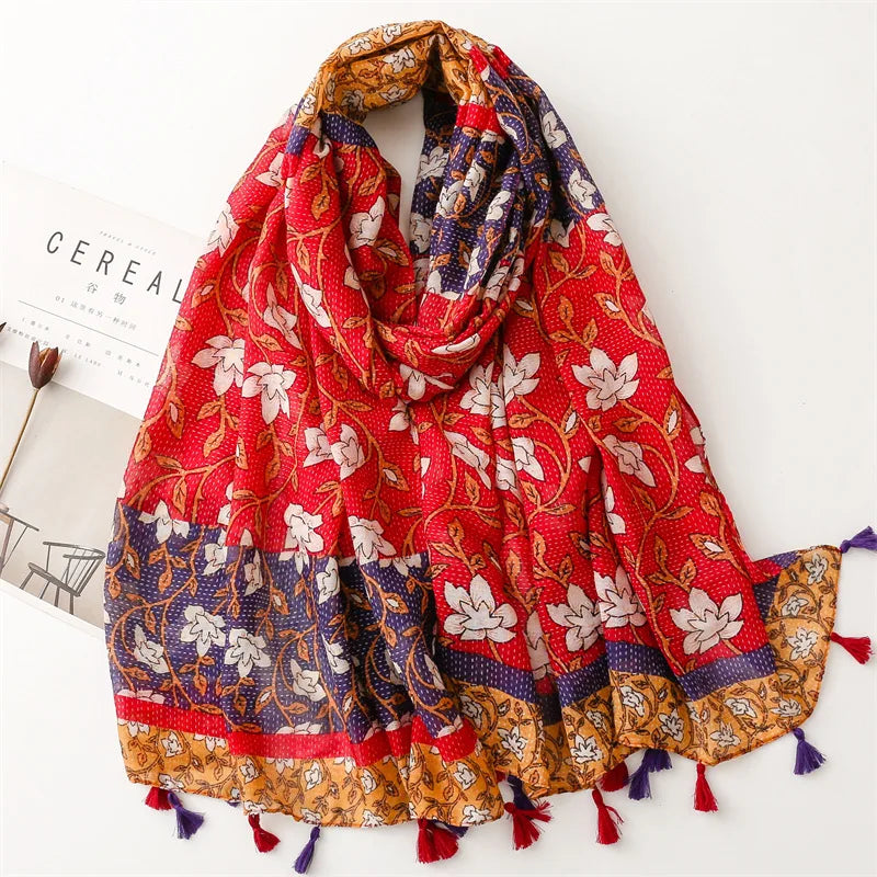Foulard Printanier en Viscose à imprimé et pompoms