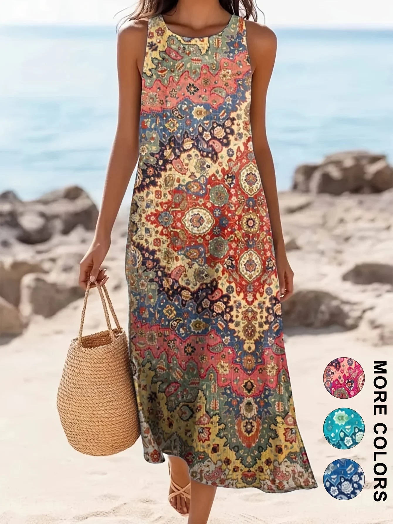 Robe Midi Bohème Fleurie Femme – Sans Manches, Coupe Ample et Fluide avec Poches