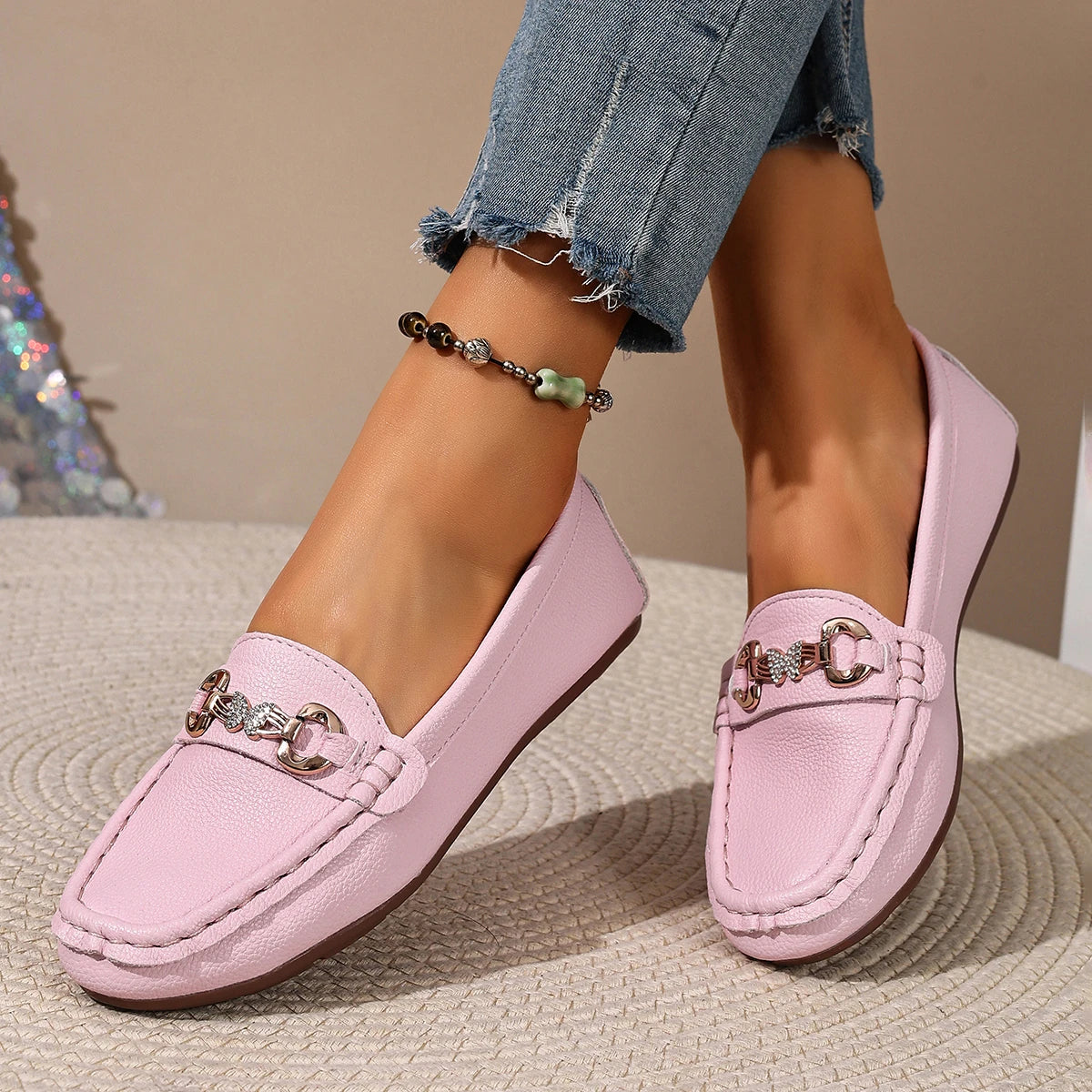 Mocassins Femme en Cuir PU à Bout Rond – Détails Papillon et Semelle Antidérapante