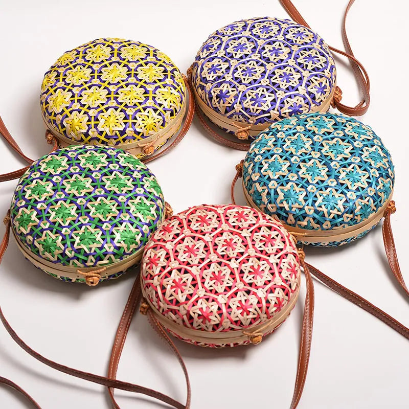 Sac rond en paille de bambou pour femmes