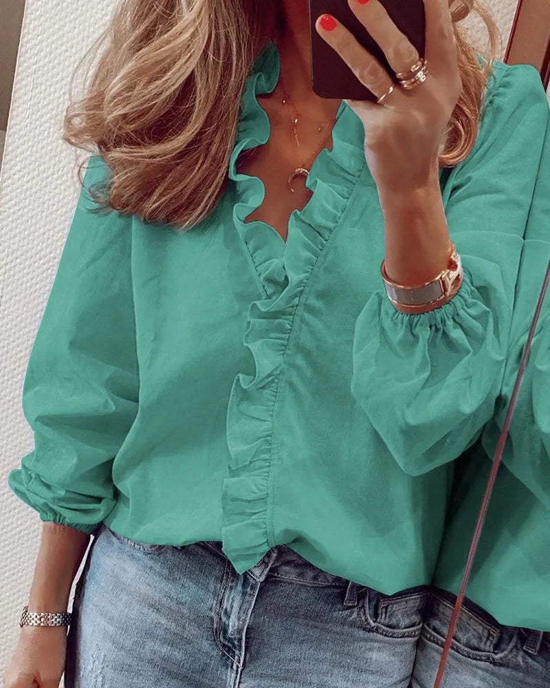 Chemisier Femme Élégant à Volants – Manches Longues – Style Chic Européen