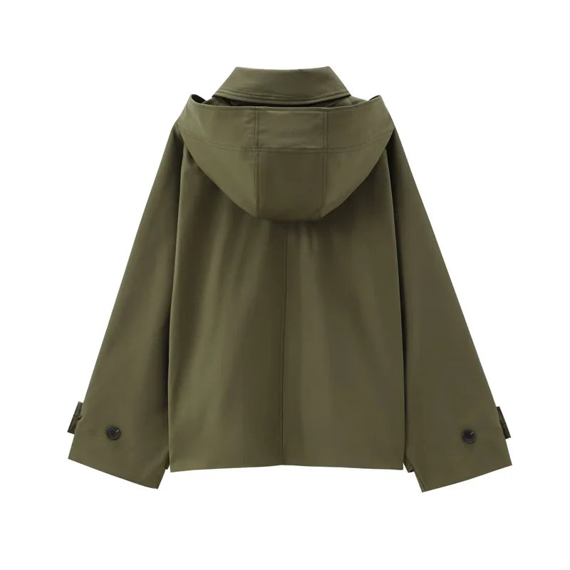 Trench Court à Capuche & Col Chemise Vert Kaki