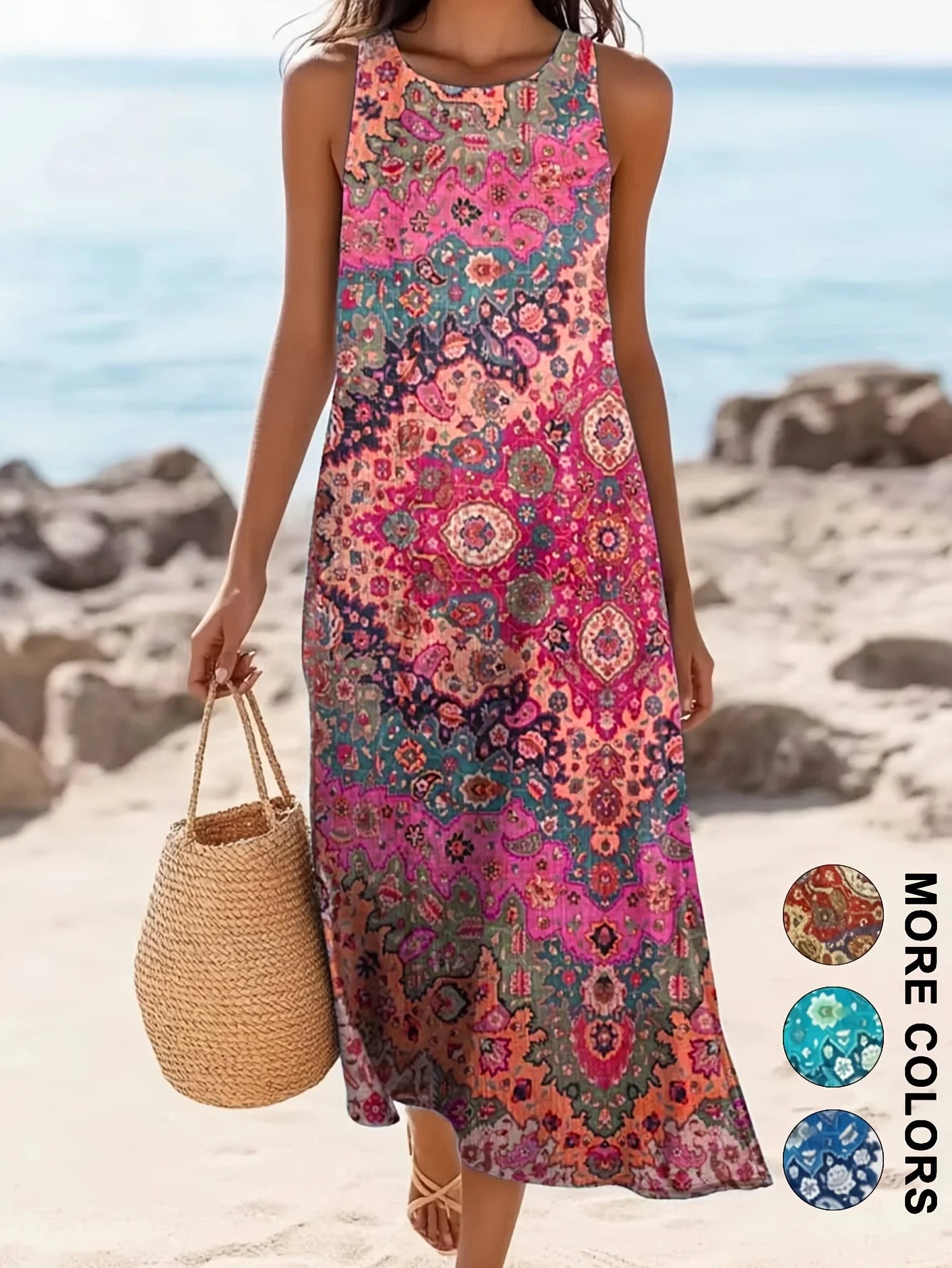 Robe Midi Bohème Fleurie Femme – Sans Manches, Coupe Ample et Fluide avec Poches