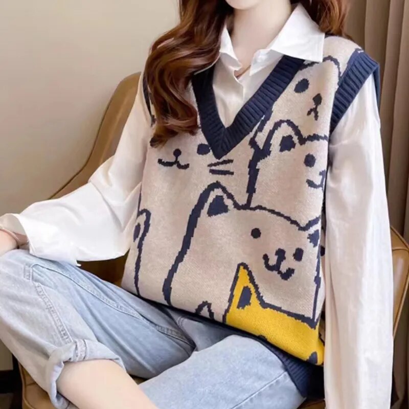 Pull en tricot sans manches Col V - Imprimé chat