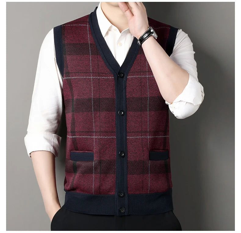 Cardigan tricot sans manches à carreaux