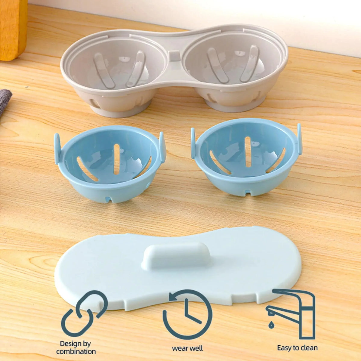 Cuiseur à 2 Œufs Pochés pour Micro-Ondes – Double Compartiment, Paniers Égouttoirs Amovibles & Poignées – Cuisson Rapide