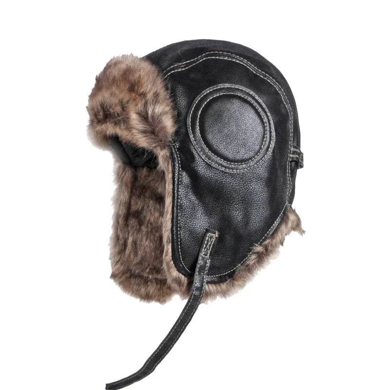 Gorro de aviador de cuero PU con forro de piel sintética
