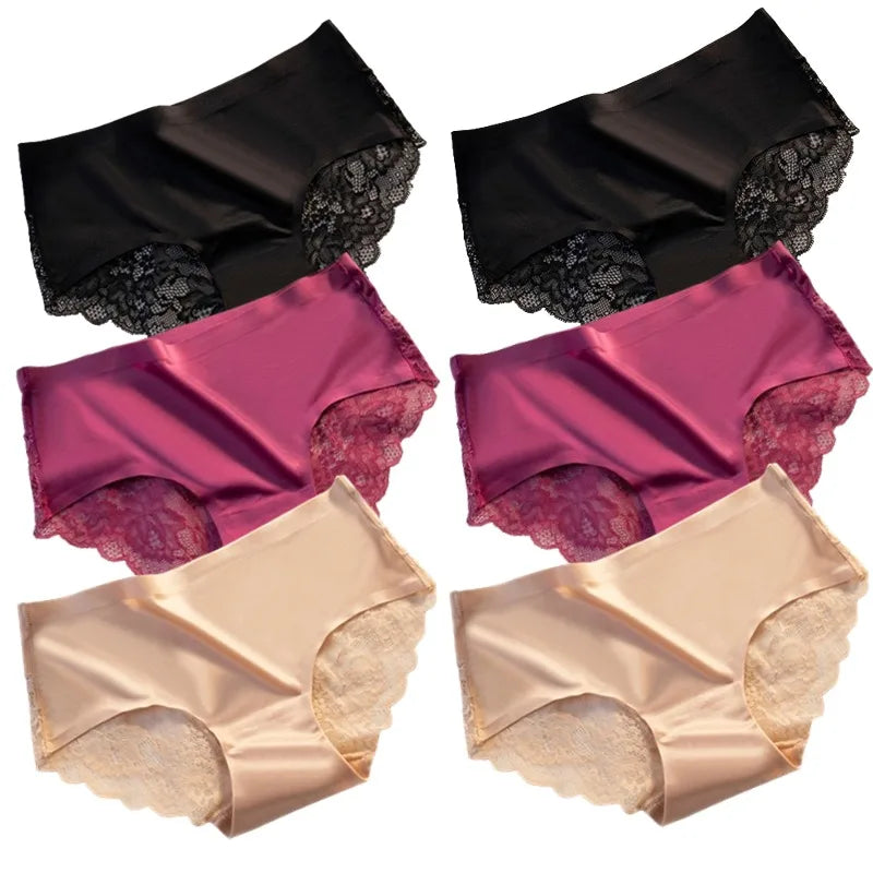 Lot de 6 Culottes en soie glacée invisibles avec dentelle