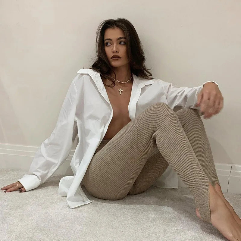 Legging Tricoté en Coton Taille Haute avec Pied
