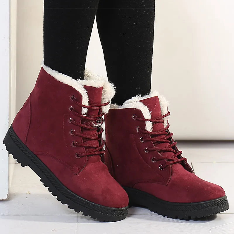Bottes chaudes d'hiver à lacets en daim avec fourrure