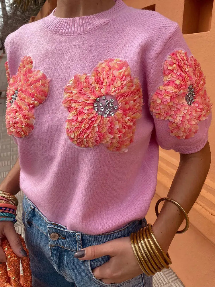Pull élégant à manches courtes et col rond pour femmes - Fleurs 3D
